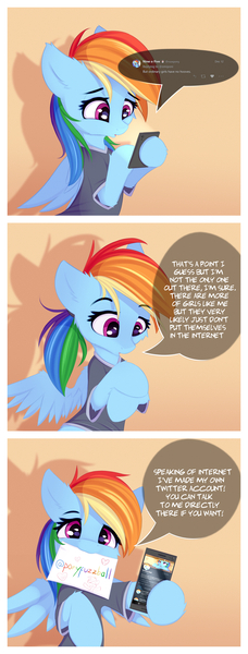 Size: 1690x4452 | Tagged: safe, artist:omi, derpibooru import, rainbow dash, pegasus, pony, :3, :o, ask, cheek fluff, clothes, comic, cute, dashabetes, dexterous hooves, ear fluff, female, floppy ears, fluffy, head tilt, heart, hoof fluff, hoof hold, leg fluff, looking at you, mare, meta, mouth hold, no hooves, nom, open mouth, phone, shirt, smiling, solo, spread wings, t-shirt, text, twitter, wing fluff, wings