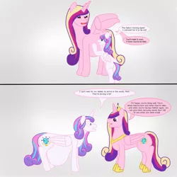 Size: 2000x2000 | Tagged: adult, age progression, alicorn, artist:krumpcakes, comic, derpibooru import, dialogue, duo, duo female, female, kicking, mama cadence, mama flurry, mother and child, mother and daughter, multiple pregnancy, older, older flurry heart, pregdance, pregnant, princess cadance, princess flurry heart, safe, text