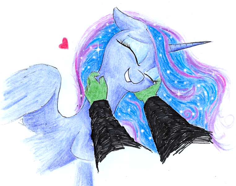 Size: 999x787 | Tagged: safe, artist:t72b, derpibooru import, princess luna, oc, oc:anon, alicorn, human, pony, cute, disembodied hand, ethereal mane, eyes closed, female, floppy ears, galaxy mane, hand, happy, heart, human on pony petting, lunabetes, mare, missing accessory, offscreen character, petting, pov, scratching, traditional art