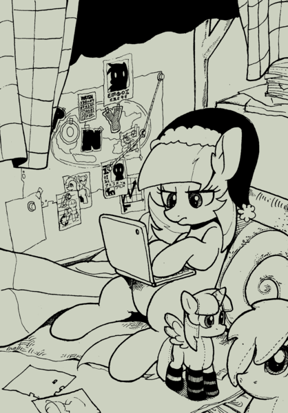 Size: 2034x2918 | Tagged: artist:yunlongchen, black and white, computer, derpibooru import, grayscale, laptop computer, monochrome, oc, oc:cynosura, on back, plushie, safe, solo, traditional art, unofficial characters only