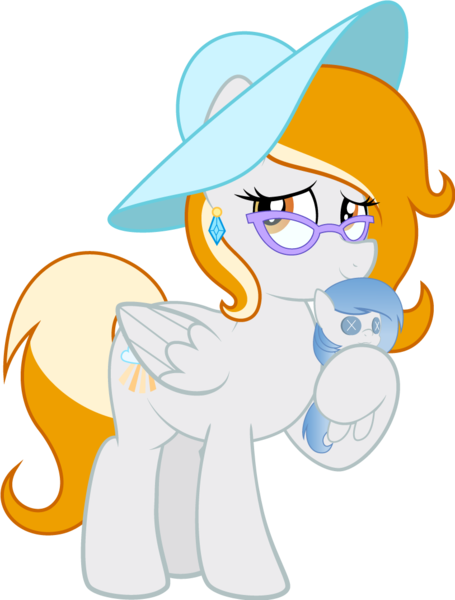 Size: 813x1071 | Tagged: safe, artist:an-tonio, artist:rainbownspeedash, derpibooru import, oc, oc:rita cloudy, oc:vector cloud, pegasus, pony, 2019 community collab, derpibooru community collaboration, beach hat, collaboration, glasses, hat, holding, plushie, simple background, smiling, solo, transparent background