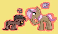 Size: 993x574 | Tagged: safe, derpibooru import, oc, oc:loki ebonhoof, oc:sweet tea, pony, unicorn, colt, female, male, mare