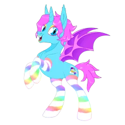 Size: 3000x3000 | Tagged: safe, artist:f0rever13, artist:wumbl3, derpibooru import, oc, oc:chroma wave, unofficial characters only, alicorn, bat pony, bat pony alicorn, pony, 2019 community collab, derpibooru community collaboration, alicorn oc, bat pony oc, bat wings, clothes, collaboration, eyeshadow, fangs, femboy, horn, lipstick, looking at you, makeup, male, open mouth, rainbow socks, rcf community, rearing, simple background, socks, solo, spread wings, stallion, striped socks, transparent background, wings