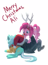 Size: 2400x3200 | Tagged: anonymous, artist:rhorse, christmas, derpibooru import, fake antlers, holiday, human, lyra heartstrings, oc, oc:anon, pinkie pie, red nose, safe, secret santa