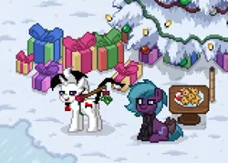 Size: 1264x904 | Tagged: suggestive, artist:torpy-ponius, derpibooru import, oc, oc:hey ladies, oc:swift swirl, pony, pony town, butt, christmas, christmas lights, christmas tree, cookie, food, holiday, ice, mistletoe, pixel art, plot, ponytownslobs, present, presenting, sexy, snow, tail, tree