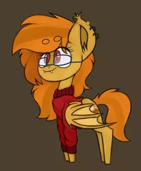 Size: 1980x2408 | Tagged: safe, artist:claudearts, derpibooru import, oc, oc:pumpkin spice, unofficial characters only, bat pony, bat pony oc, bat wings, clothes, coat, cute, cutie mark, ear piercing, earring, fangs, glasses, jewelry, piercing, solo, wings