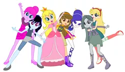 Size: 2081x1205 | Tagged: safe, artist:baby, artist:noreencreatesstuff, derpibooru import, marble pie, equestria girls, adventure time, ballet slippers, ballora, barely eqg related, base used, boots, clothes, crossover, crown, dress, ear piercing, earring, equestria girls style, equestria girls-ified, five nights at freddy's, gloves, high heel boots, high heels, inazuma eleven go chrono stone, jewelry, kinako nanobana, marceline, piercing, princess bubblegum, princess peach, regalia, shoes, sister location, slippers, star butterfly, star vs the forces of evil, super mario bros.
