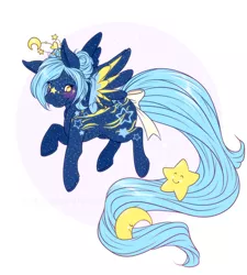 Size: 850x943 | Tagged: safe, artist:suzanami, derpibooru import, oc, oc:tiny space princess, pegasus, pony, antennae, bow, fairy brights, fancy swirl ponies, g1, impossibly long tail, solo, space pony, tail bow
