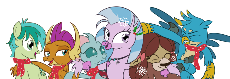 Size: 1920x662 | Tagged: safe, artist:sintakhra, derpibooru import, gallus, ocellus, sandbar, silverstream, smolder, yona, changedling, changeling, classical hippogriff, dragon, earth pony, gryphon, hippogriff, pony, yak, bow, clothes, cloven hooves, colored hooves, cute, diaocelles, diastreamies, dragoness, female, gallabetes, hair bow, jewelry, male, monkey swings, necklace, sandabetes, scarf, simple background, smolderbetes, student six, teenager, transparent background, yonadorable