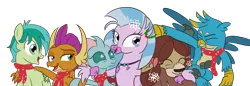 Size: 1920x662 | Tagged: safe, artist:sintakhra, derpibooru import, gallus, ocellus, sandbar, silverstream, smolder, yona, changedling, changeling, classical hippogriff, dragon, earth pony, gryphon, hippogriff, pony, yak, bow, clothes, cloven hooves, colored hooves, cute, diaocelles, diastreamies, dragoness, female, gallabetes, hair bow, jewelry, male, monkey swings, necklace, sandabetes, scarf, simple background, smolderbetes, student six, teenager, transparent background, yonadorable