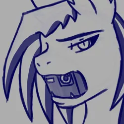 Size: 1280x1280 | Tagged: safe, artist:the-chimaera-draws, derpibooru import, oc, oc:serasotta-bloodbayne, unofficial characters only, bat pony, pony, bat pony oc, bat wings, camera, fangs, gopro, monochrome, mouth hold, sharp teeth, simple background, teeth, unamused, wings