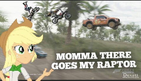 Size: 479x276 | Tagged: safe, derpibooru import, applejack, equestria girls, caption, flying, ford f-150 raptor, ford raptor, forza horizon 3, image macro, lamborghini lm002, meme, motorcross, motorcycle, photo, photoshop, racing, text, truck