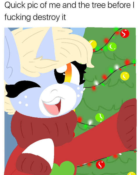 Size: 750x937 | Tagged: artist:nootaz, christmas, christmas tree, derpibooru import, holiday, meme, oc, oc:nootaz, ponified animal photo, pure unfiltered evil, safe, tree, vulgar