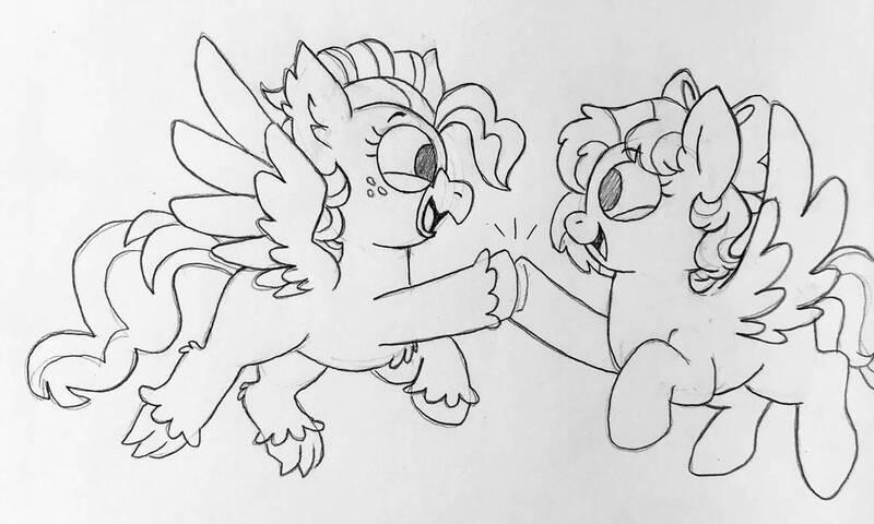 Size: 1024x614 | Tagged: safe, artist:sandwichbuns, derpibooru import, oc, oc:ladybird, oc:spongecake, classical hippogriff, hippalectryon, hippogriff, hybrid, pegasus, pony, female, hoofbump, interspecies offspring, magical lesbian spawn, mare, monochrome, offspring, parent:fluttershy, parent:pinkie pie, parent:princess skystar, parent:rainbow dash, parents:flutterdash, parents:skypie, traditional art