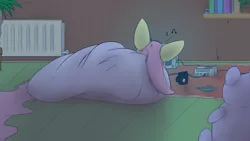 Size: 2560x1440 | Tagged: safe, artist:fuzzypones, derpibooru import, fluttershy, pony, big ears, book, bookshelf, burrito, female, food, games, inside, mug, night, nintendo entertainment system, playing, radiator, solo, television