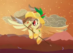 Size: 1650x1200 | Tagged: safe, artist:yokokinawa, derpibooru import, oc, oc:tailcoatl, ponified, pegasus, pony, armor, aztec, feather, female, flying, helmet, lineless, mare, mexican, mountain, nation ponies, solo, spear, stars, volcano, weapon