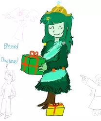 Size: 1000x1200 | Tagged: safe, artist:horsesplease, derpibooru import, rarity, wallflower blush, dryad, human, angel, angel rarity, child, christmas, christmas tree, erysimum cheiri, flower, happy, holiday, paint tool sai, present, tree, wallflower is a plant