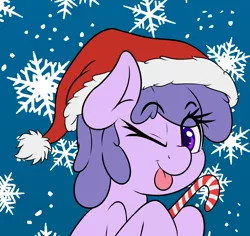 Size: 1800x1700 | Tagged: safe, artist:blues4th, derpibooru import, oc, oc:integrand, earth pony, pony, candy, candy cane, christmas, food, hat, holiday, one eye closed, santa hat, snow, snowflake, solo, tongue out, wink