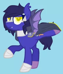 Size: 916x1068 | Tagged: safe, artist:shoto, derpibooru import, ponified, bat pony, pegasus, pony, alternate universe, anti-hero, armor, balancing, base used, bat ponified, bat wings, blue background, blue hair, boots, cape, clothes, colored pupils, crossover, cute, cute little fangs, digital art, ear fluff, ear tufts, eyeliner, fangs, femboy, fluffy hair, frown, galaxia, glare, guard, hair over one eye, headcanon, hooves, kirby, knight, lgbt headcanon, lidded eyes, looking at you, makeup, male, mask, meta knight, ms paint, nintendo, race swap, raised hoof, raised leg, shoes, shoulder pads, show accurate, simple background, solo, species swap, spread wings, stallion, standing, sword, teeth, trans boy, transgender, unamused, wall of tags, weapon, wings, yellow eyes