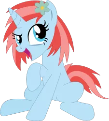 Size: 1021x1127 | Tagged: safe, artist:rd4590, derpibooru import, oc, oc:electro beat, pony, unicorn, 2019 community collab, derpibooru community collaboration, blue, blue eyes, flower, flower in hair, simple background, sitting, solo, transparent background