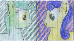 Size: 2415x1356 | Tagged: safe, artist:thevintagepone, derpibooru import, bon bon, lyra heartstrings, sweetie drops, pony, :t, lined paper, traditional art