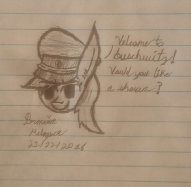 Size: 1850x1811 | Tagged: safe, artist:antique1899, derpibooru import, oc, oc:aryanne, unofficial characters only, pony, aryan, aryan pony, blonde, cursive writing, hat, lined paper, monochrome, nazi, nazipone, sketch, solo, traditional art