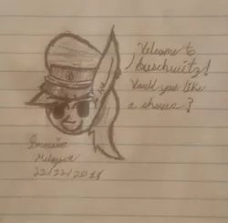 Size: 1850x1811 | Tagged: safe, artist:antique1899, derpibooru import, oc, oc:aryanne, unofficial characters only, pony, aryan, aryan pony, blonde, cursive writing, hat, lined paper, monochrome, nazi, nazipone, sketch, solo, traditional art