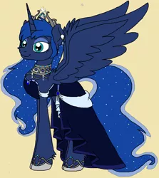 Size: 1448x1620 | Tagged: safe, artist:rosefang16, derpibooru import, princess luna, alicorn, pony, alternate hairstyle, choker, clothes, crown, dress, ear fluff, ear piercing, earring, female, fluffy, hoof shoes, jewelry, mare, piercing, regalia, simple background, solo, yellow background