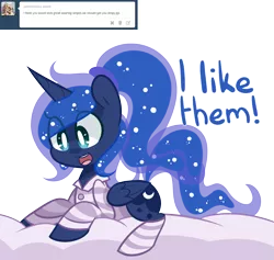 Size: 1280x1214 | Tagged: safe, artist:pinkami, derpibooru import, princess luna, tumblr:ask lazy luna, ask, bed, clothes, comic, lazy, shirt, simple background, socks, solo, striped socks, transparent background, tumblr