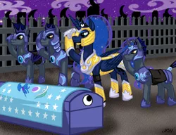 Size: 937x720 | Tagged: safe, artist:texasuberalles, derpibooru import, princess luna, alicorn, bat pony, bat pony unicorn, earth pony, hybrid, pony, unicorn, wingless bat pony, armor, cemetery, coffin, curved horn, equestrian flag, female, flag, funeral, horn, male, mare, night guard, salute, stallion, wingless