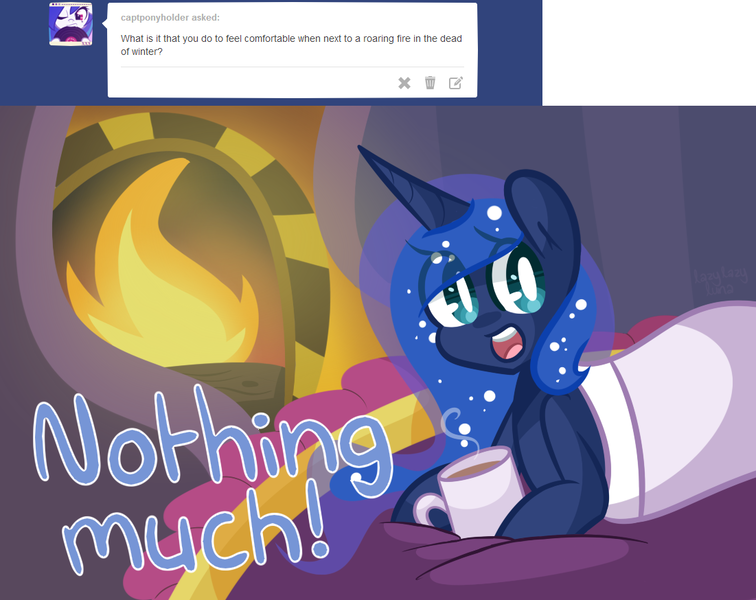 Size: 1101x874 | Tagged: artist:pinkami, ask, blanket, coffee, comic, derpibooru import, fire, hearth, lazy, princess luna, safe, solo, tumblr, tumblr:ask lazy luna, winter