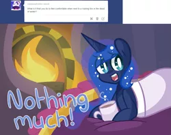 Size: 1101x874 | Tagged: artist:pinkami, ask, blanket, coffee, comic, derpibooru import, fire, hearth, lazy, princess luna, safe, solo, tumblr, tumblr:ask lazy luna, winter