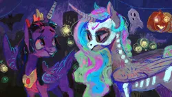 Size: 800x450 | Tagged: safe, artist:wolfiedrawie, derpibooru import, princess celestia, twilight sparkle, twilight sparkle (alicorn), alicorn, ghost, pony, undead, bone, celestia is not amused, clothes, costume, halloween, holiday, jack-o-lantern, pumpkin, skeleton, skeleton costume, smiling, unamused