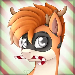 Size: 1500x1500 | Tagged: safe, artist:puggie, derpibooru import, oc, oc:kiva, pony, robot, robot pony, antlers, avatar, candy, candy cane, christmas, festive, food, holiday, reindeer antlers, solo