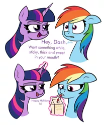 Size: 1889x2285 | Tagged: suggestive, artist:moonatik, derpibooru import, rainbow dash, twilight sparkle, pony, 2 panel comic, bait and switch, bored, carton, comic, dialogue, drinking, duo, eggnog, female, happy holidays, innuendo, magic, mare, not cum, simple background, tongue out