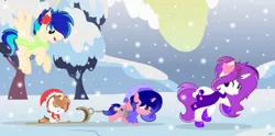 Size: 1024x509 | Tagged: safe, artist:starglaxy, derpibooru import, oc, oc:alan, oc:frozen heart, oc:prince james, oc:star galaxy, unofficial characters only, alicorn, pegasus, pony, unicorn, baby, baby pony, female, filly, male, mare, offspring, offspring's offspring, parent:princess celestia, sled, snow, stallion, winter