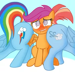 Size: 1088x1063 | Tagged: suggestive, artist:lockerobster, color edit, derpibooru import, edit, editor:hungryhorseesquire, rainbow dash, scootaloo, windy whistles, pegasus, pony, blushing, butt, butt bump, colored, cutie mark, digital art, female, filly, folded wings, grinding, image, implied foalcon, lesbian, lip bite, mare, plot, plot sandwich, png, raised tail, scootadash, scootaloo gets all the mares, scootalove, shipping, spread wings, swirly eyes, tail, tail lift, teasing, windyloo, windyscootadash, wingboner, wings
