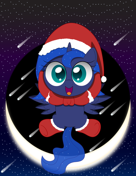 Size: 1500x1941 | Tagged: alicorn, artist:spellboundcanvas, christmas, clothes, costume, crescent moon, cute, derpibooru import, ethereal mane, female, filly, hat, holiday, meteor shower, moon, princess luna, safe, santa costume, santa hat, santa woona, starry mane, woona, younger