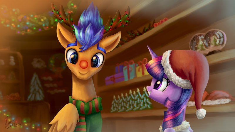 Size: 4096x2304 | Tagged: safe, artist:nightpaint12, derpibooru import, flash sentry, twilight sparkle, twilight sparkle (alicorn), alicorn, pegasus, pony, antlers, box, christmas, christmas lights, christmas tree, clothes, cute, female, flashlight, hat, hearth, holiday, male, mare, present, red nose, red nosed reindeer, santa hat, shipping, smiling, snow, snow globe, snowman, stallion, straight, sweater, tree, twiabetes