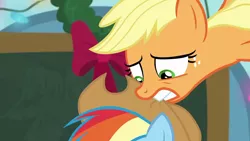 Size: 1280x720 | Tagged: addiction, applejack, applejack's hat, cowboy hat, derpibooru import, female, freckles, hat, mare, rainbow dash, safe, screencap, sentimental value, triple pony dare ya