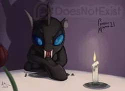 Size: 2000x1467 | Tagged: artist:theandymac, candle, changeling, changeling oc, derpibooru import, imminent sex, imminent vore, kitchen eyes, male, oc, oc:evening breeze, offscreen character, pov, solo, suggestive, unofficial characters only