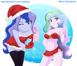 Size: 887x759 | Tagged: suggestive, artist:charliexe, derpibooru import, princess celestia, princess luna, equestria girls, bare shoulders, bra, breasts, christmas, cleavage, clothes, costume, female, gloves, hat, holiday, looking at you, one eye closed, panties, panty shot, principal celestia, santa costume, santa hat, sexy, sexy santa costume, siblings, sisters, sleeveless, smiling, strapless, underwear, vice principal luna, wink