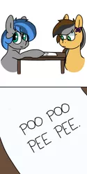 Size: 768x1540 | Tagged: safe, artist:littlebibbo, derpibooru import, oc, oc:bibbo, oc:steaming stove, unofficial characters only, earth pony, pegasus, pony, :i, comic, confused, cute, freckles, looking away, paper, table, text, vulgar
