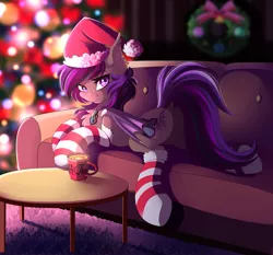 Size: 4175x3895 | Tagged: safe, artist:airiniblock, derpibooru import, oc, oc:platinum wing, unofficial characters only, bat pony, pony, bat pony oc, bat wings, butt, christmas, christmas tree, clothes, commission, female, hat, holiday, plot, rcf community, santa hat, socks, solo, striped socks, tree, wings, wreath