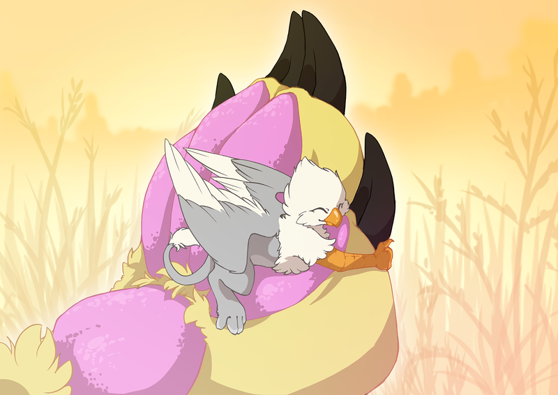 Size: 1745x1234 | Tagged: safe, artist:arctic-fox, derpibooru import, oc, oc:der, oc:serilde, unofficial characters only, gryphon, claws, duo, fetish, hug, male, micro, paw fetish, paw pads, paws