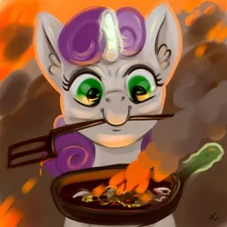Size: 1000x1000 | Tagged: safe, artist:kovoranu, derpibooru import, sweetie belle, pony, unicorn, cooking, female, filly, fire, food, frying pan, mouth hold, smiling, smoke, solo, spatula, sweetie belle can't cook, sweetie fail