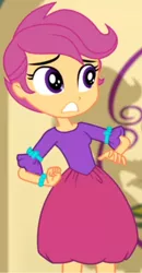 Size: 1488x2870 | Tagged: safe, derpibooru import, screencap, scootaloo, a photo booth story, eqg summertime shorts, equestria girls, adorable face, clothes, cute, cutealoo, fall formal, fall formal outfits, nervous, shocked, shocked face, skirt, solo, tomboy, tomboy taming, upscaled