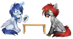 Size: 1024x543 | Tagged: safe, artist:scarlet-spectrum, derpibooru import, oc, oc:prince nova, oc:tricky spirit, alicorn, pegasus, pony, :p, alicorn oc, cookie, ear piercing, earring, food, horn, jewelry, magic the gathering, piercing, silly, table, tongue out, wings