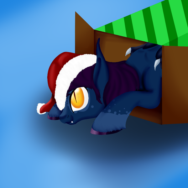 Size: 900x900 | Tagged: safe, artist:bevendre, derpibooru import, oc, oc:midnight oil, unofficial characters only, bat pony, pony, box, christmas, hat, holiday, pony in a box, present, santa hat, solo, unshorn fetlocks