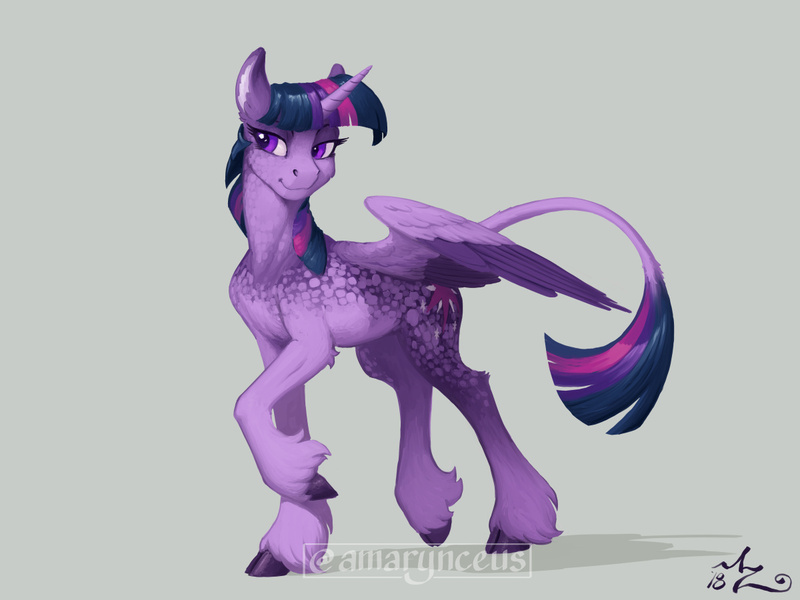 Size: 1200x900 | Tagged: safe, artist:amarynceus, deleted from derpibooru, derpibooru import, twilight sparkle, twilight sparkle (alicorn), alicorn, classical unicorn, pony, unicorn, cloven hooves, dappled, female, gray background, leonine tail, lidded eyes, mare, realistic horse legs, sideways glance, simple background, smiling, solo, unshorn fetlocks